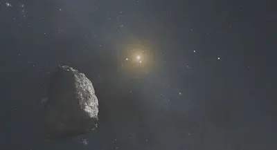 Esta ilustración artística muestra un objeto del Cinturón de Kuiper situado en el borde exterior de nuestro sistema solar, a unos 6 000 millones de kilómetros del Sol. Fuente: https://webbtelescope.org/resource-gallery/articles/pagecontent/filter-articles/how-does-webb-study-our-solar-system.html.