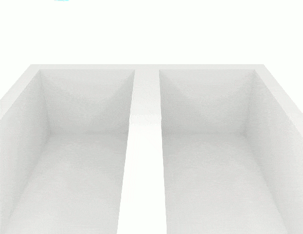 Una simulación de líquidos con diferentes viscosidades. El líquido de la izquierda tiene menor viscosidad que el de la derecha. Fuente: https://en.wikipedia.org/wiki/File:Viscosities.gif.