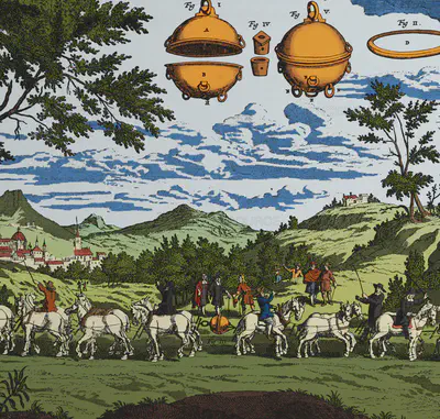 Versión coloreada del grabado de [Gaspar Schott](https://www.gabinetedelgrabado.com/galer%C3%ADa/la-revolución-de-las-ciencias-s-xvii/schott-1608-1666/) del experimento de Otto von Guericke de los hemisferios de Magdeburgo. Crédito: [Science Source](https://www.sciencesource.com/archive/Magdeburg-Hemispheres--17th-Century-SS2636797.html).